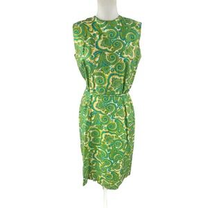 Avalon Pure‎ Silk Vtg 60s Psychedelic AOP Paisley Hippie Boho Midi Sheath Dress